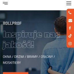 Marek Bieganowski - Strona internetowa firmy Rollprof z ofertą okien, drzwi, bram, rolet i moskitier. Widoczny slogan 'Inspiruje nas jakość!'. U dołu przycisk 'Oferta'.