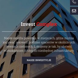 Marek Bieganowski - Strona internetowa dewelopera Invest Complex z nowoczesnym budynkiem mieszkalnym w tle i hasłem reklamowym o lokalizacji osiedla.