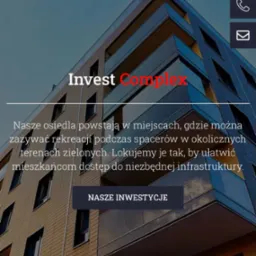 Strona internetowa dewelopera Invest Complex z nowoczesnym budynkiem mieszkalnym w tle i hasłem reklamowym o lokalizacji osiedla.