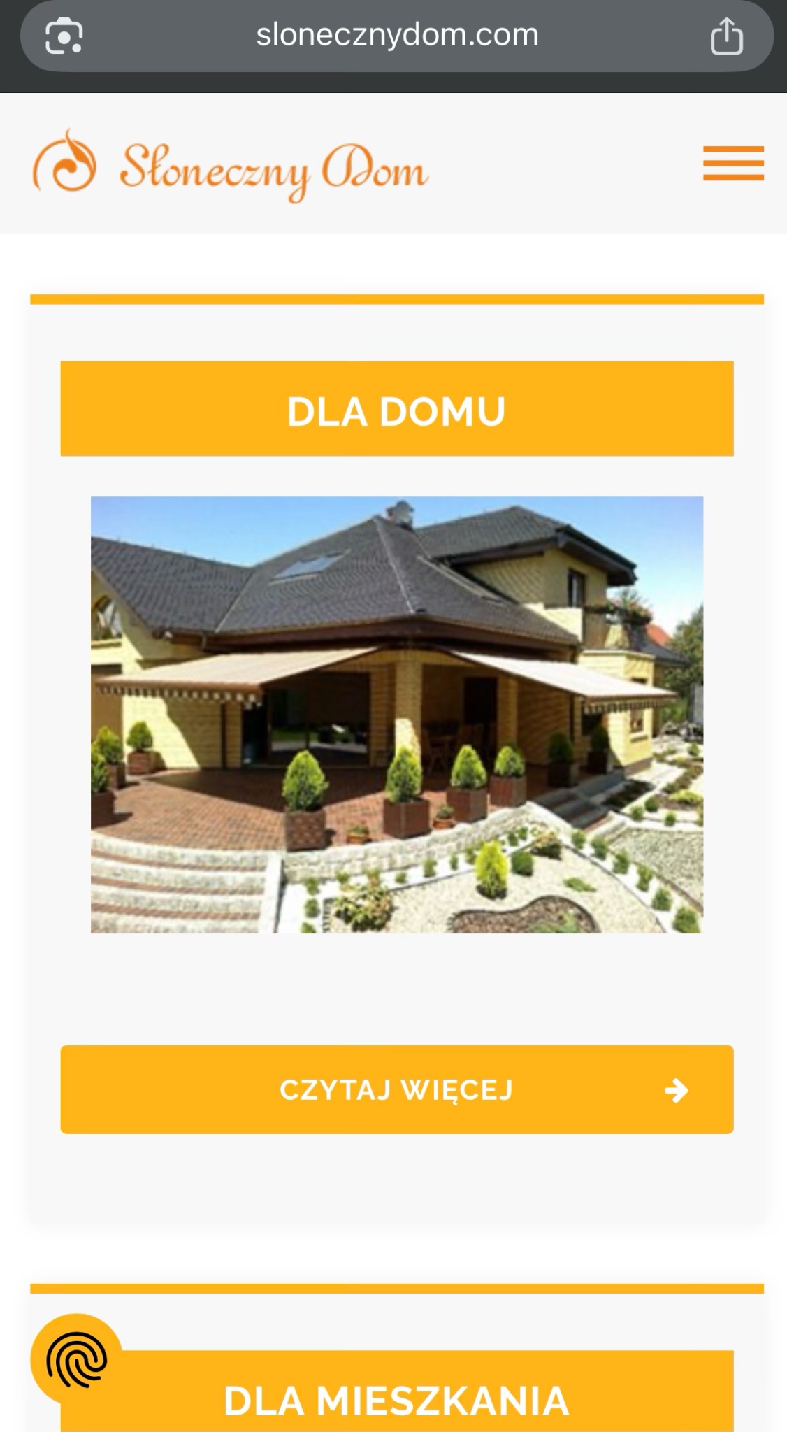 Żółta strona internetowa 'Słoneczny Dom' na urządzeniu mobilnym. Sekcja 'Dla domu' ze zdjęciem domu z ogrodem i tarasem. Przycisk 'Czytaj więcej'.