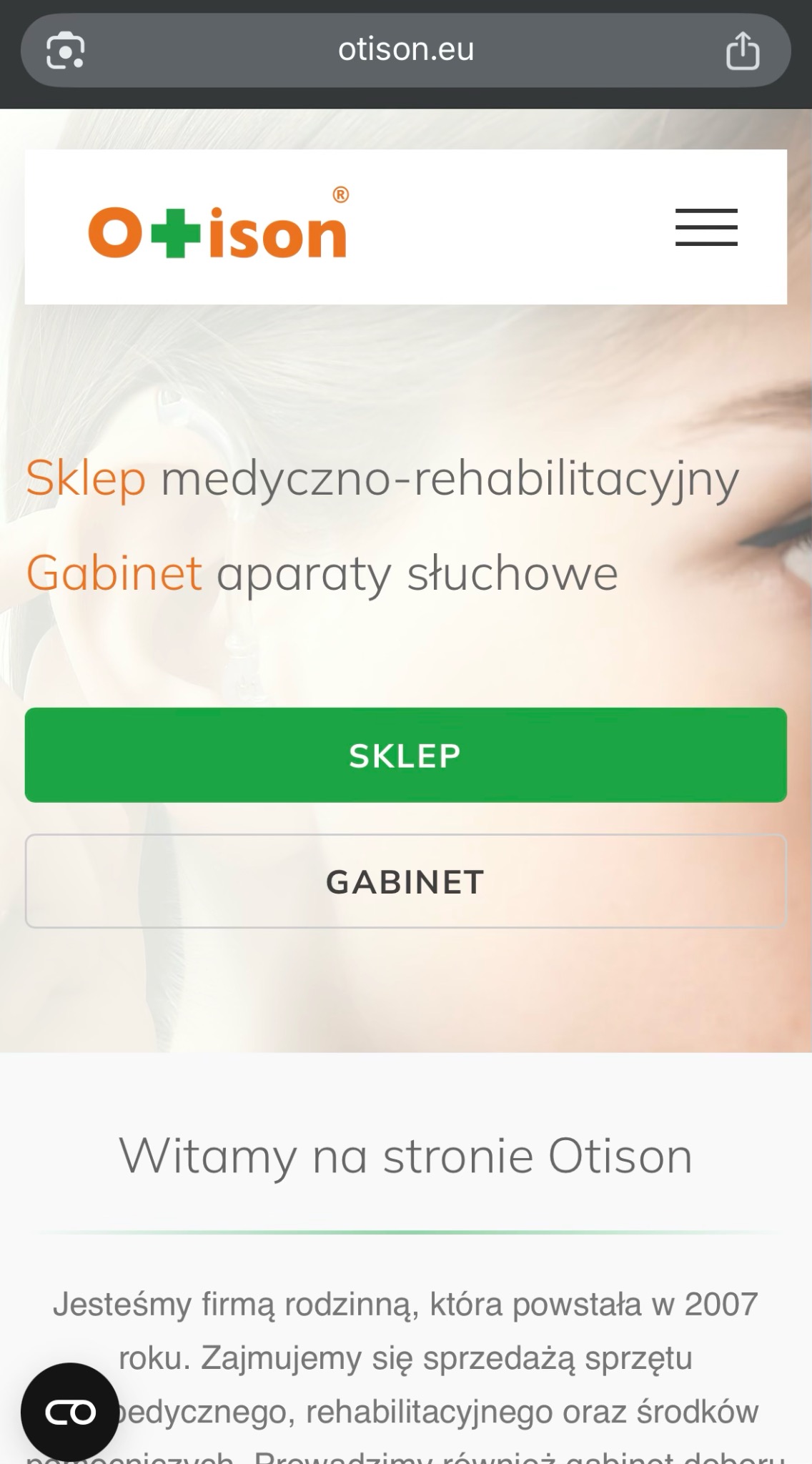 Zrzut ekranu strony internetowej Otison z logo, menu i przyciskami do sklepu medyczno-rehabilitacyjnego i gabinetu aparatów słuchowych. Tło z delikatnym motywem twarzy.