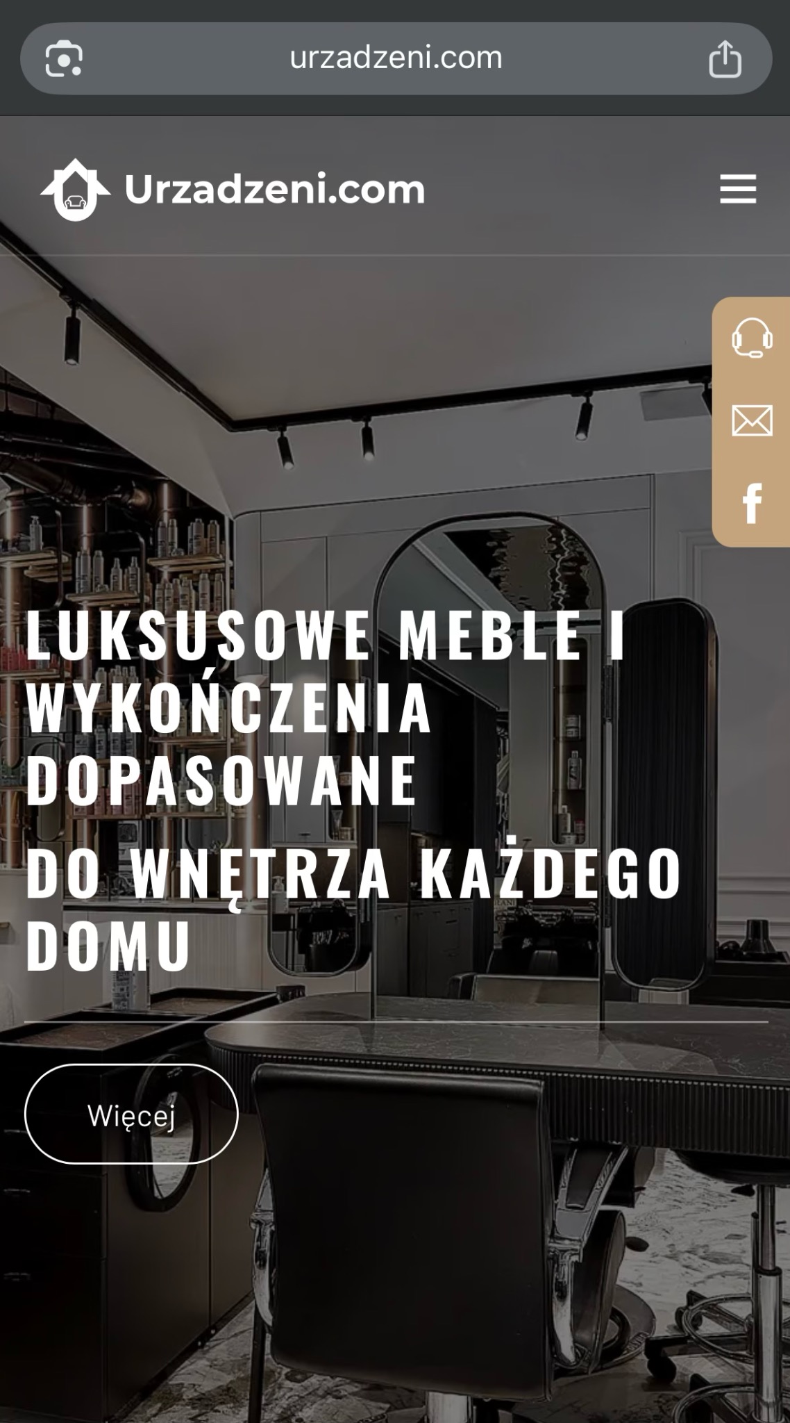 Strona internetowa z ofertą luksusowych mebli i wykończeń dopasowanych do wnętrz. Widoczne logo Urzadzeni.com i menu nawigacyjne.