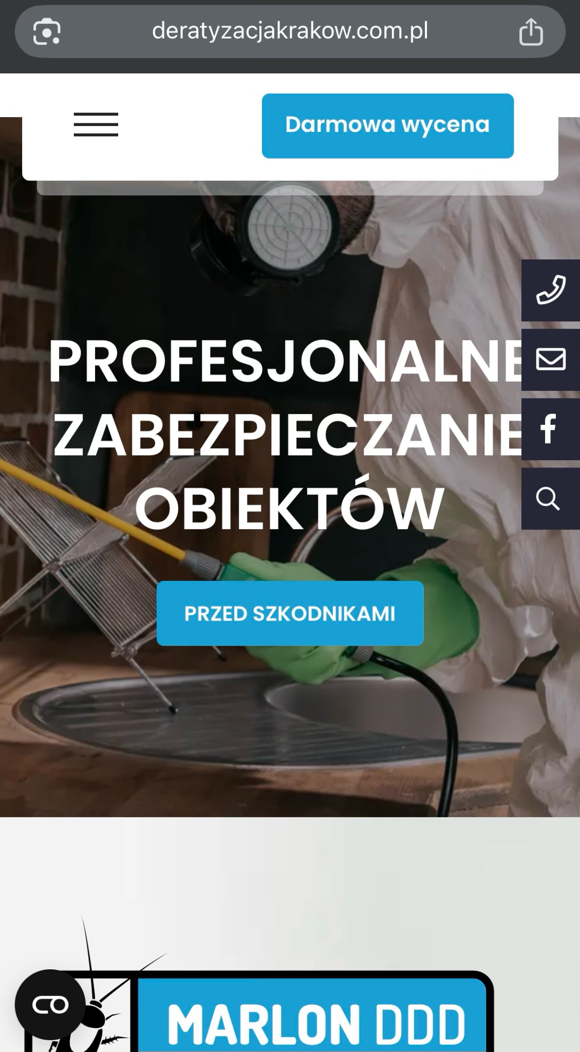 Zrzut ekranu strony internetowej firmy oferującej profesjonalne zabezpieczanie obiektów przed szkodnikami z hasłem 'Darmowa wycena'.