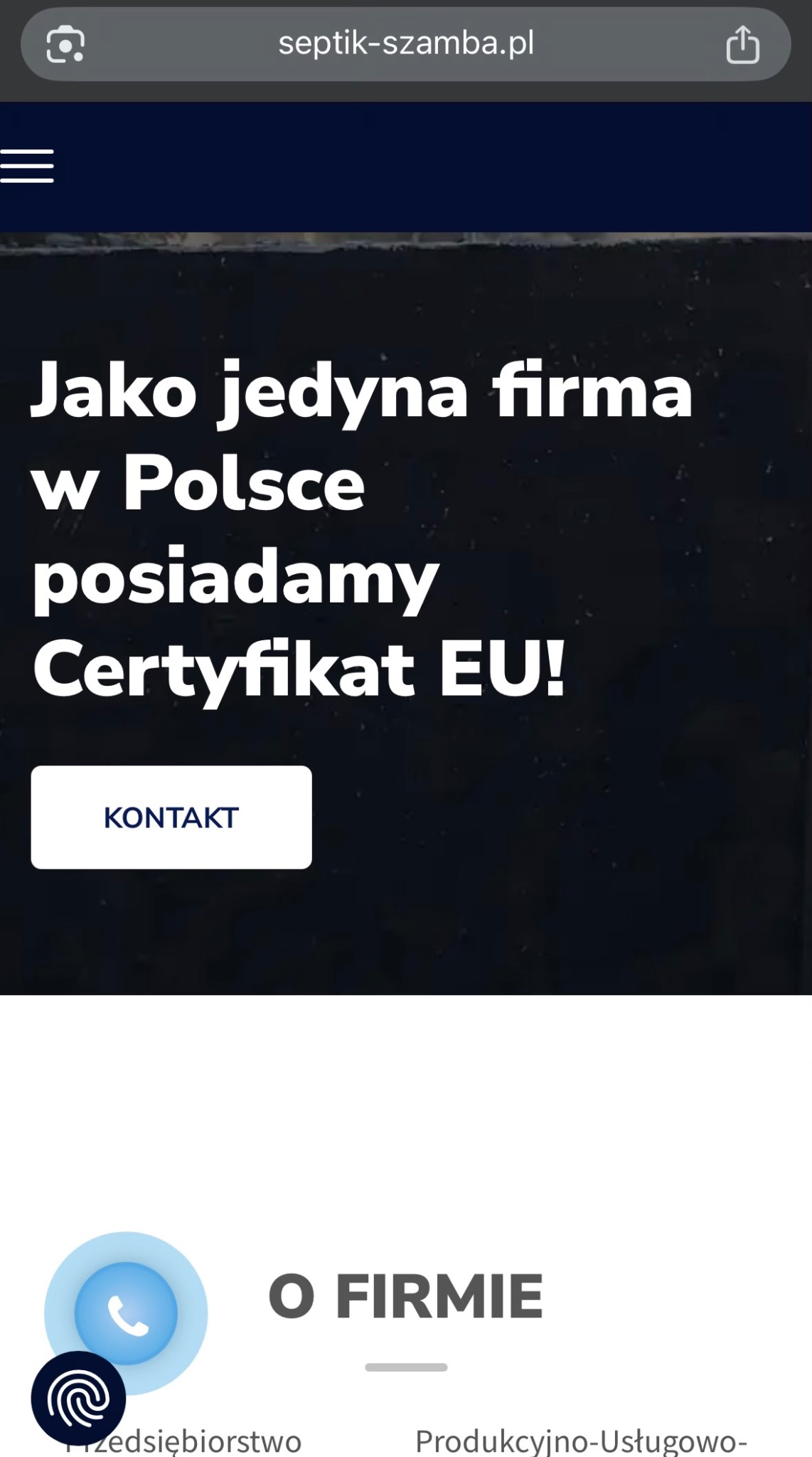 Zrzut ekranu strony internetowej septik-szamba.pl z informacją o posiadaniu Certyfikatu EU i przyciskiem 'Kontakt' oraz sekcją 'O Firmie'.