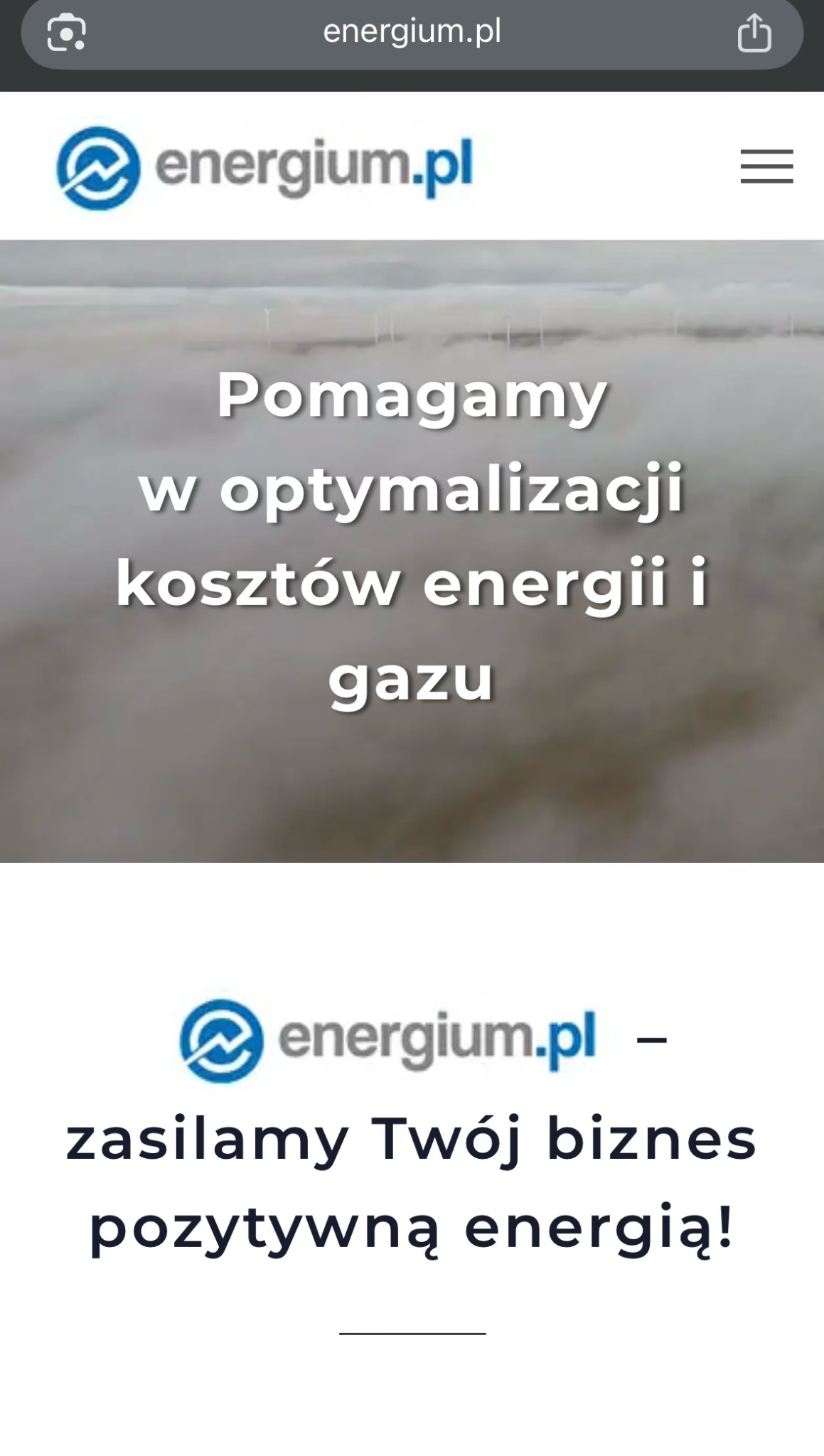 Zrzut ekranu strony internetowej energium.pl z hasłem 'Pomagamy w optymalizacji kosztów energii i gazu' na tle farmy wiatrowej we mgle. Logo firmy w górnej i dolnej części.