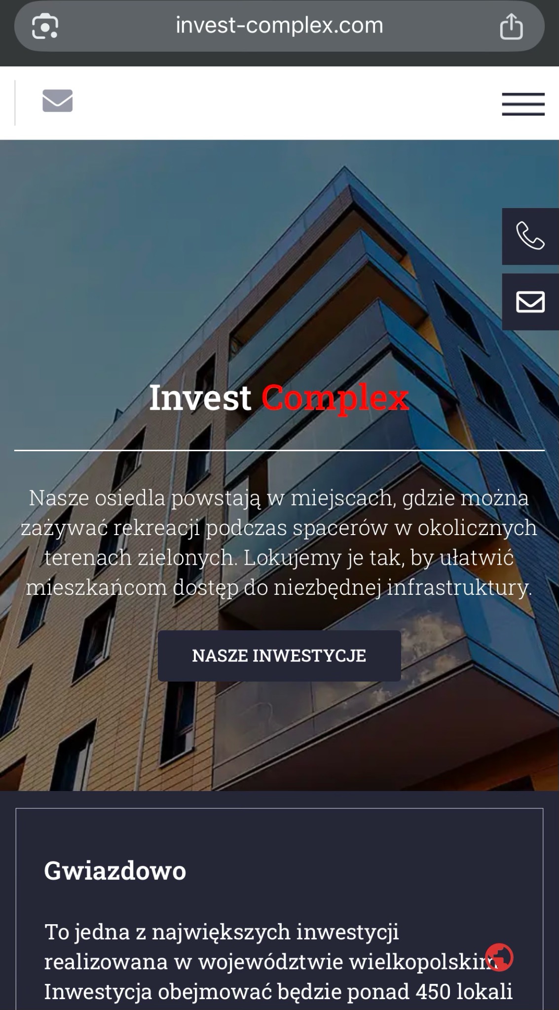 Strona internetowa dewelopera Invest Complex z nowoczesnym budynkiem mieszkalnym w tle i hasłem reklamowym o lokalizacji osiedla.