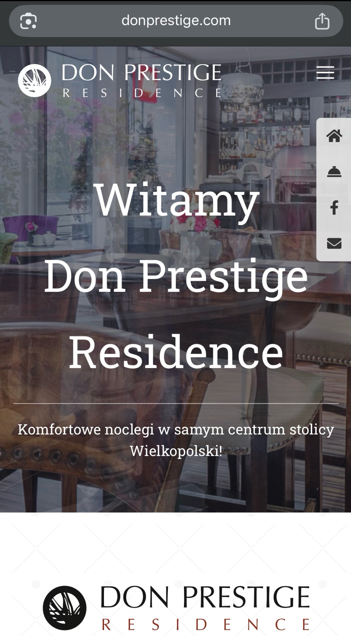 Zrzut ekranu strony internetowej Don Prestige Residence z tekstem powitalnym i informacją o komfortowych noclegach w centrum Wielkopolski, widoczne logo i menu nawigacyjne.