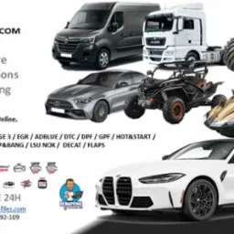 Grafika z różnymi pojazdami (auto, ciężarówka, traktor, quad, skuter wodny, van) i hasłami związanymi z modyfikacją oprogramowania i chiptuningiem.