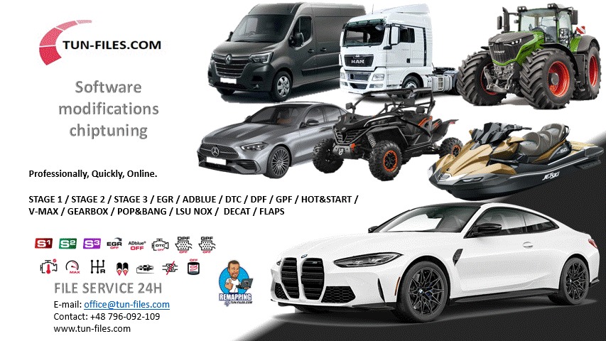 Grafika z różnymi pojazdami (auto, ciężarówka, traktor, quad, skuter wodny, van) i hasłami związanymi z modyfikacją oprogramowania i chiptuningiem.