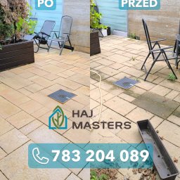 HAJ MASTERS HUBERT CAŁKA - Mycie kostki brukowej efekt PRZED i PO: widoczna różnica w czystości kostki brukowej na patio, z meblami ogrodowymi i roślinami. Logo firmy i numer telefonu.