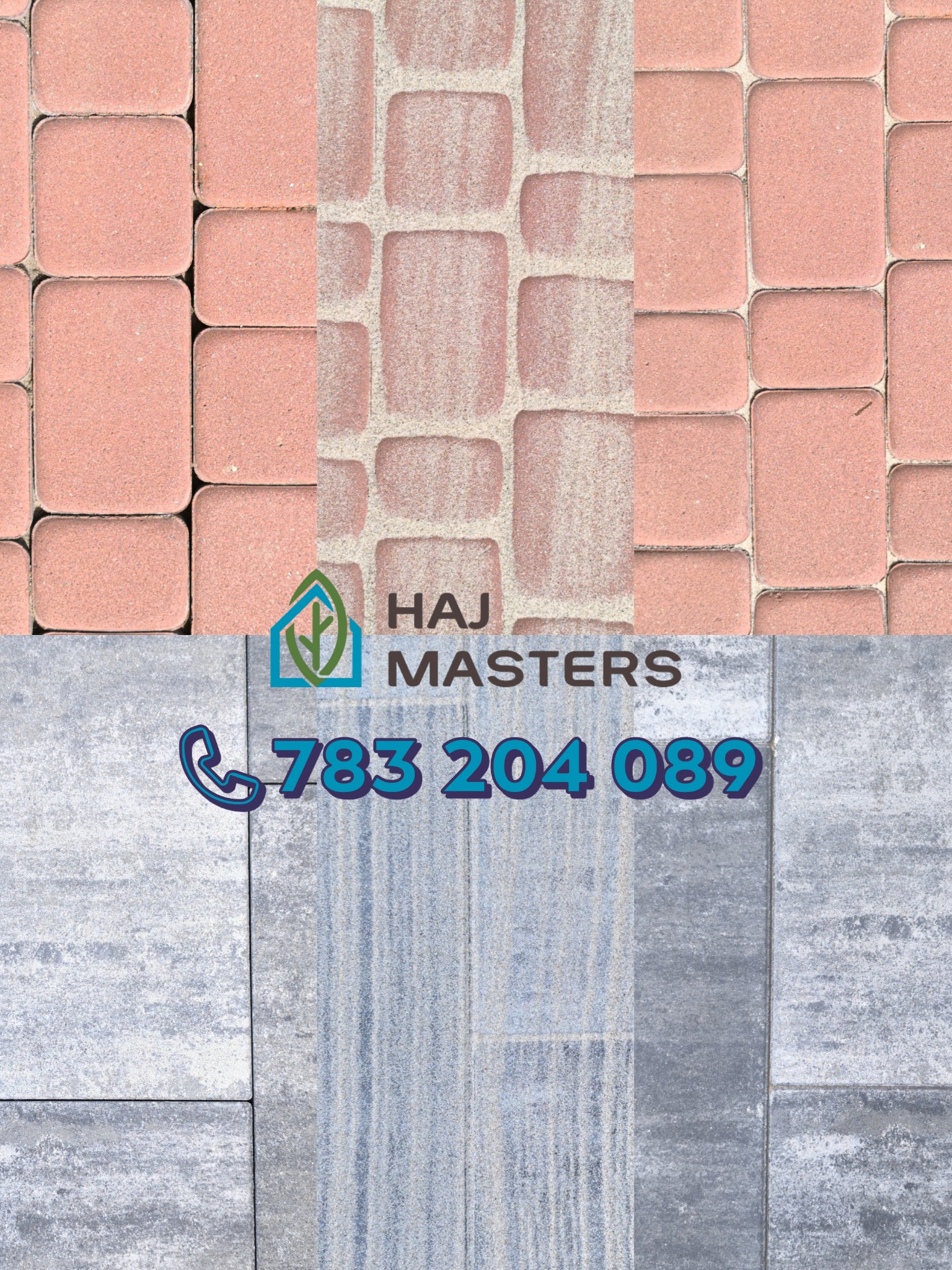 Prezentacja kostki brukowej w dwóch kolorach: różowym i szarym, z logotypem firmy HAJ Masters i numerem telefonu.