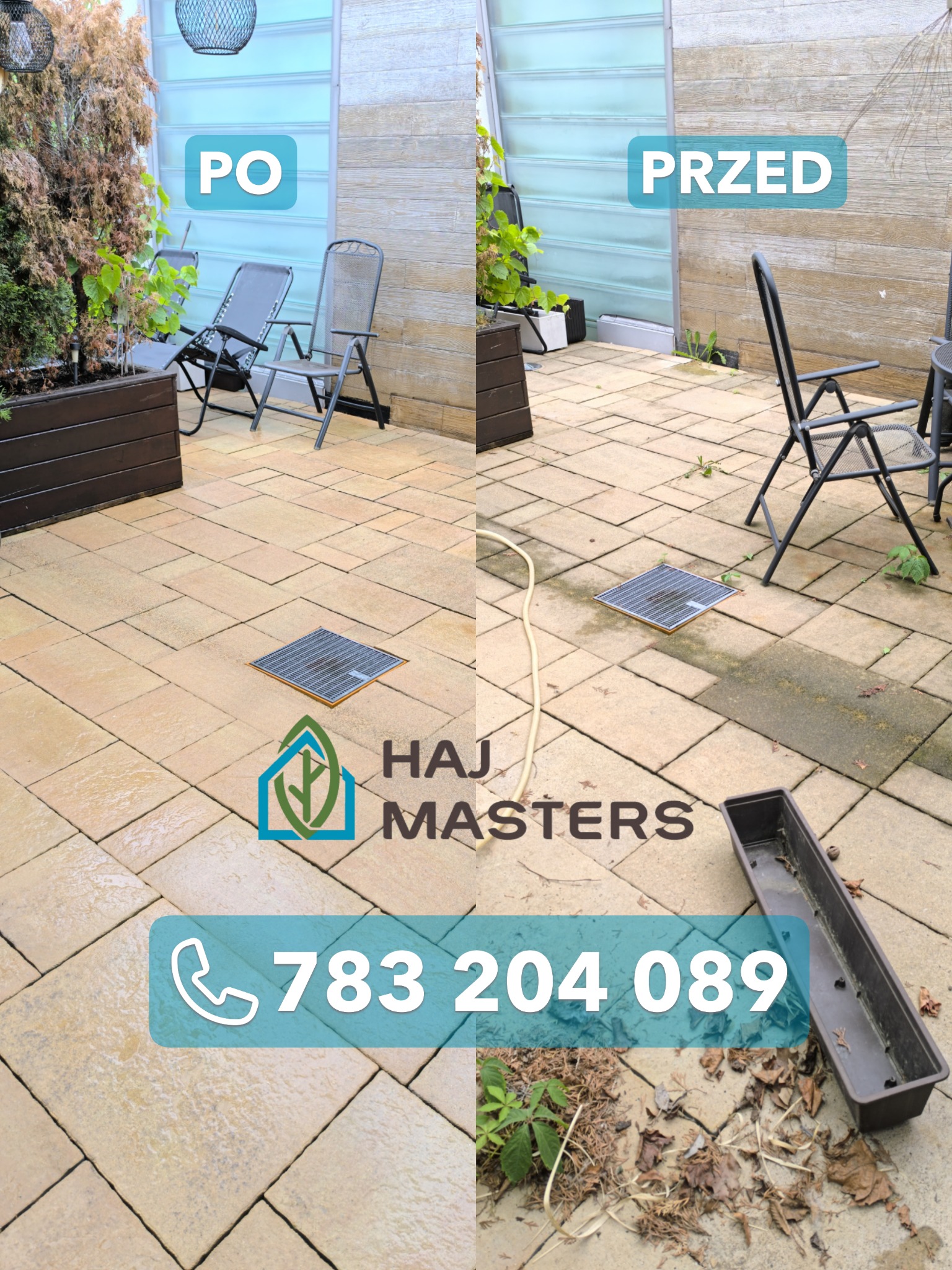 Mycie kostki brukowej efekt PRZED i PO: widoczna różnica w czystości kostki brukowej na patio, z meblami ogrodowymi i roślinami. Logo firmy i numer telefonu.