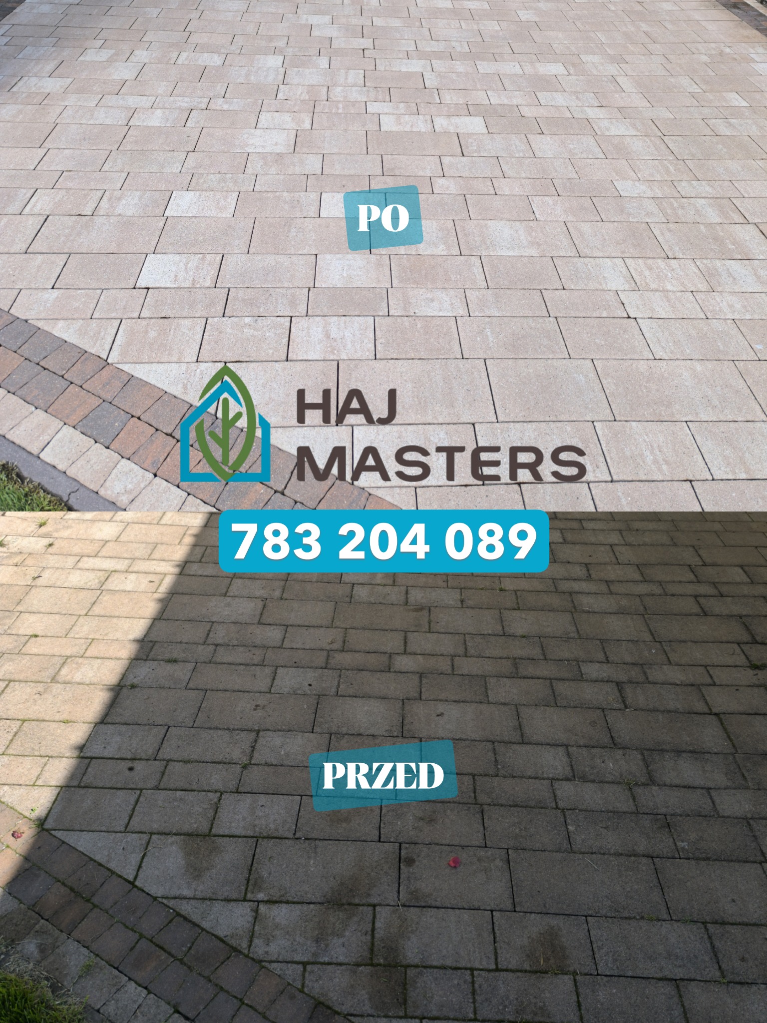 Kostka brukowa po czyszczeniu: widoczna różnica między brudną a umytą powierzchnią, efekt przed i po. Ujęcie z góry, logo firmy na środku.