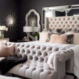 Luxwood Atelier - Beżowe, pikowane łóżko z wysokim zagłówkiem, lustrzany stolik nocny i dekoracje w ciemnej sypialni. Bogato zdobione wnętrze.