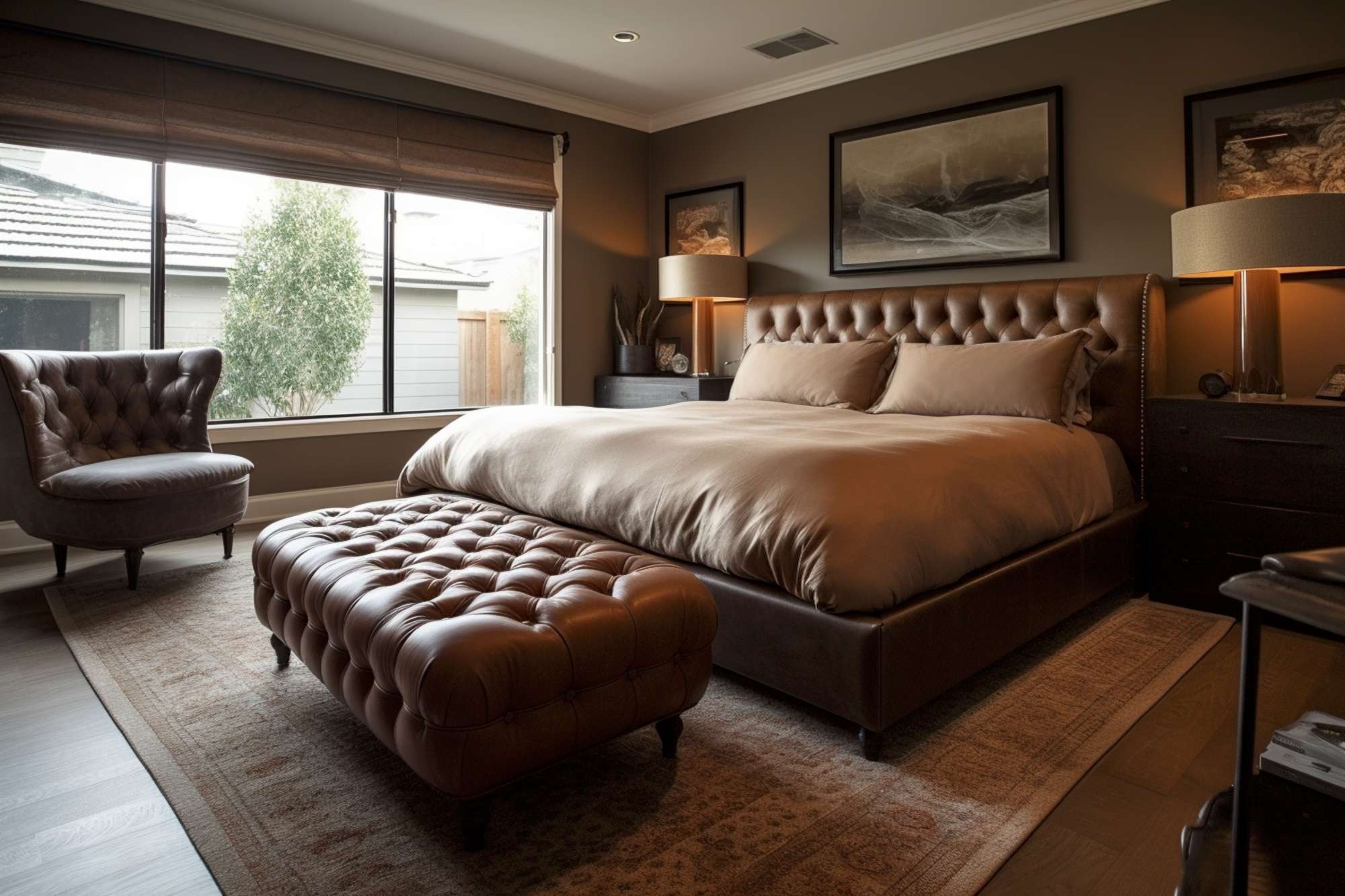 Elegancka sypialnia w odcieniach brązu z pikowanym zagłówkiem, fotelem i pufą. Duże okno z widokiem na zieleń. Obrazy na ścianie dodają charakteru.