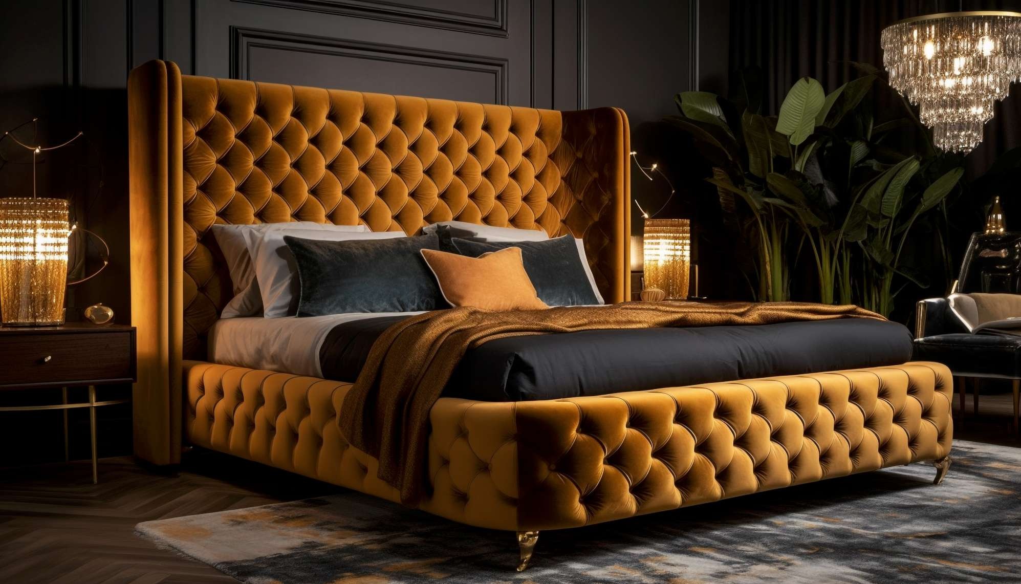 Musztardowe, pikowane łóżko z wysokim wezgłowiem, na tle ciemnej ściany i roślin. Złote lampki nocne i kryształowy żyrandol dodają elegancji wnętrzu.