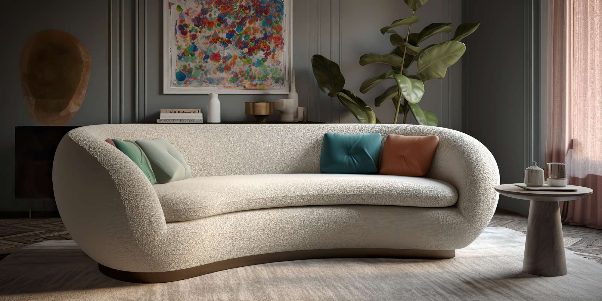 Nowoczesna sofa boucle w odcieniach bieli z kolorowymi poduszkami na tle szarej ściany z obrazem i rośliną doniczkową. Całość dopełnia mały stolik kawowy.