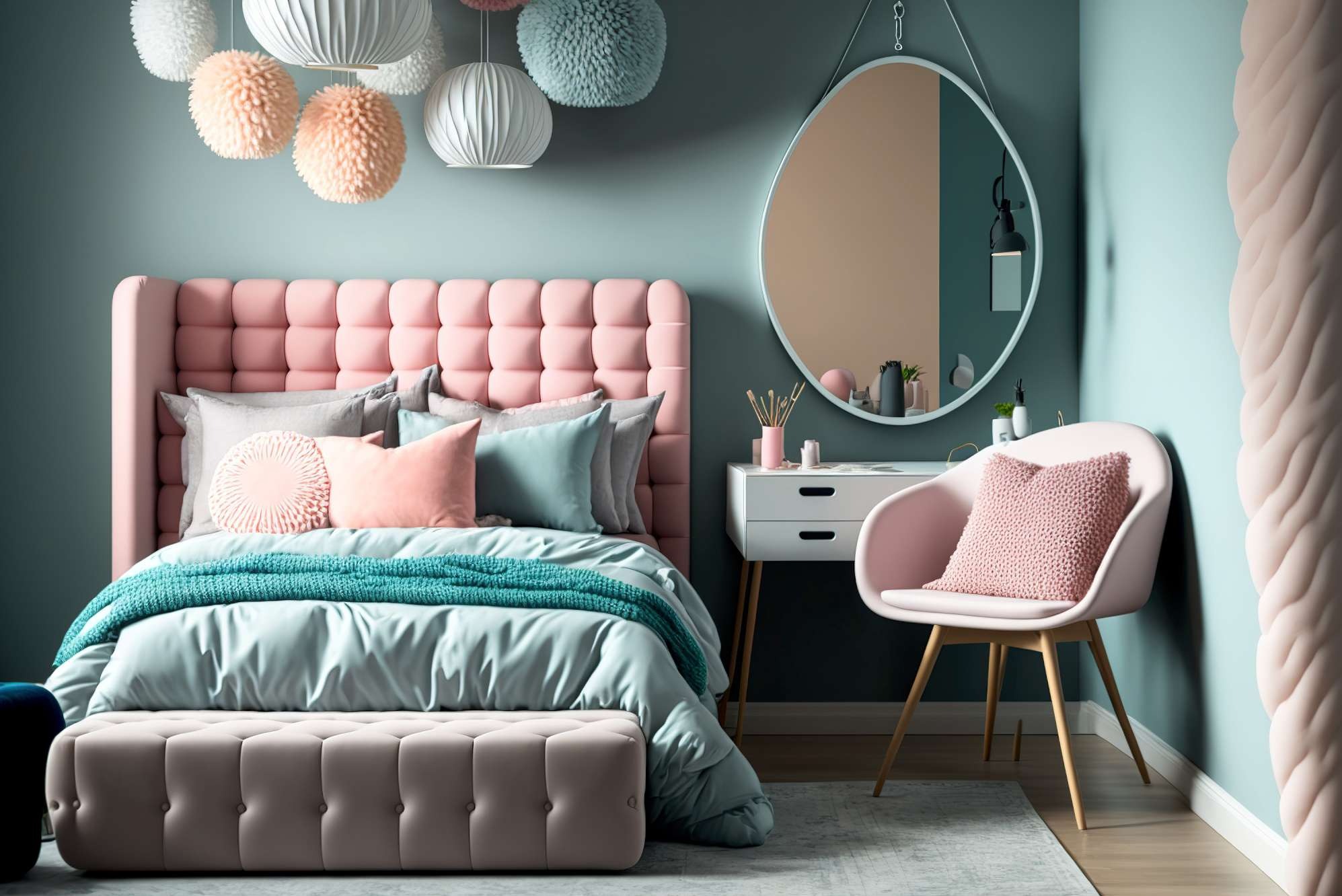 Pastelowa sypialnia z pikowanym łóżkiem, toaletką i okrągłym lustrem. Dekoracyjne lampy wiszące i puf uzupełniają aranżację w odcieniach różu i błękitu.