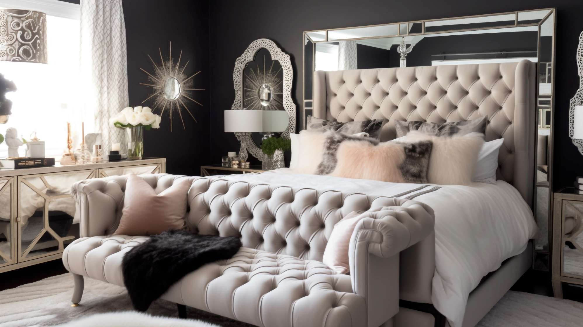 Beżowe, pikowane łóżko z wysokim zagłówkiem, lustrzany stolik nocny i dekoracje w ciemnej sypialni. Bogato zdobione wnętrze.