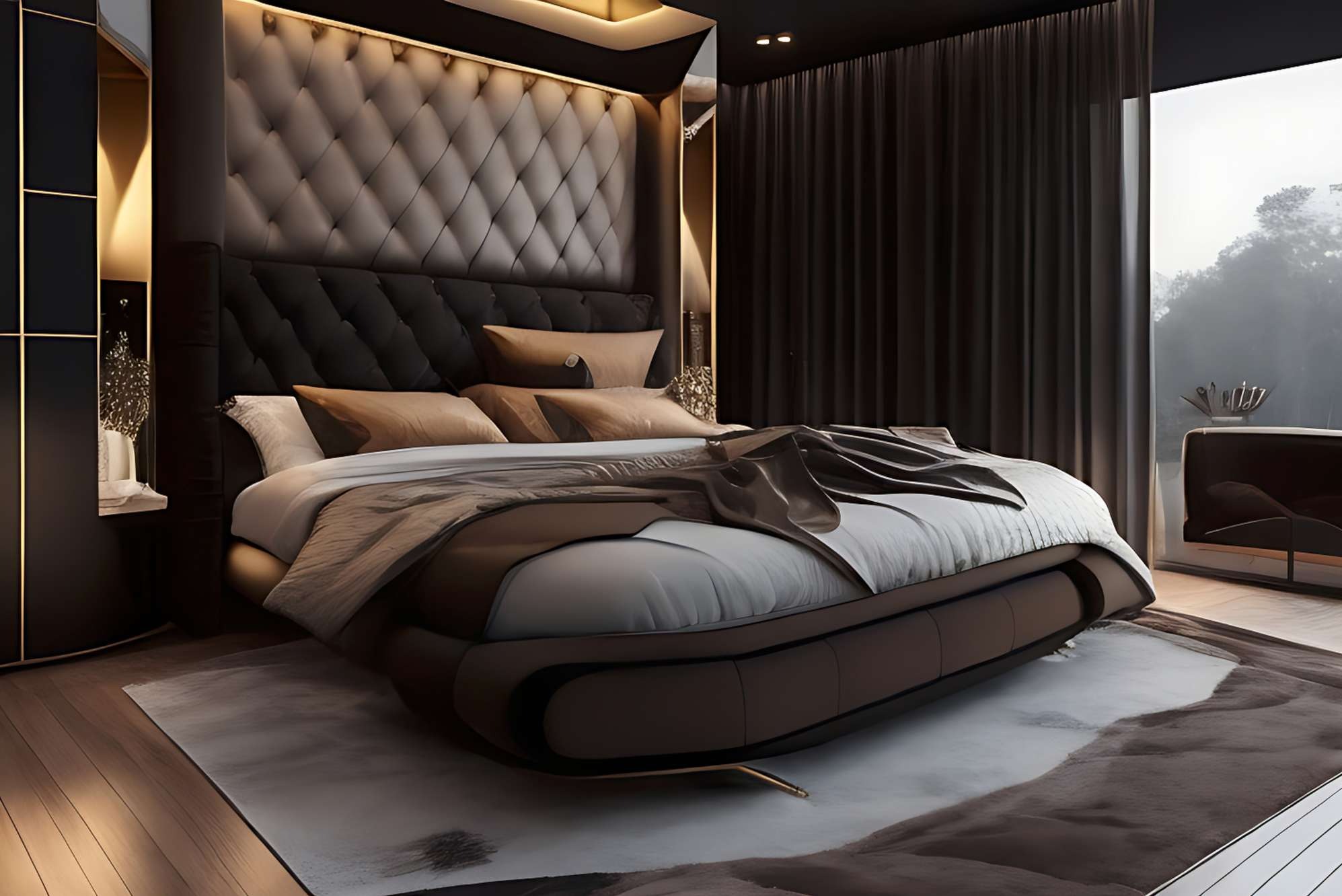 Ekskluzywna sypialnia: łóżko tapicerowane w odcieniach brązu z pikowanym zagłówkiem, oświetleniem LED i minimalistycznym stolikiem nocnym. Subtelny dywan dopełnia aranżację.
