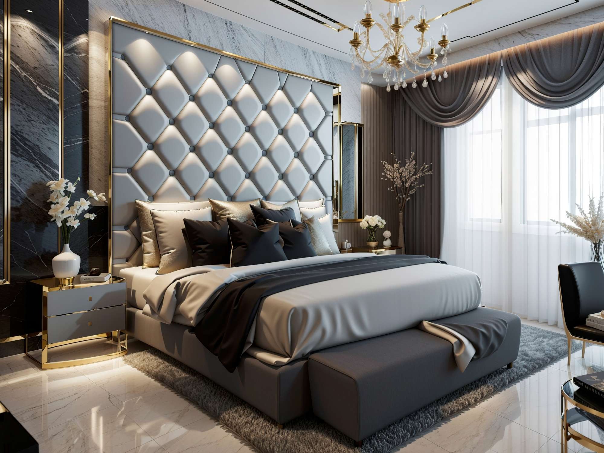 Elegancka sypialnia z pikowanym zagłówkiem łóżka w szarościach, złotymi akcentami i marmurowym wykończeniem ścian. Luksusowy design wnętrza z żyrandolem i kwiatami.