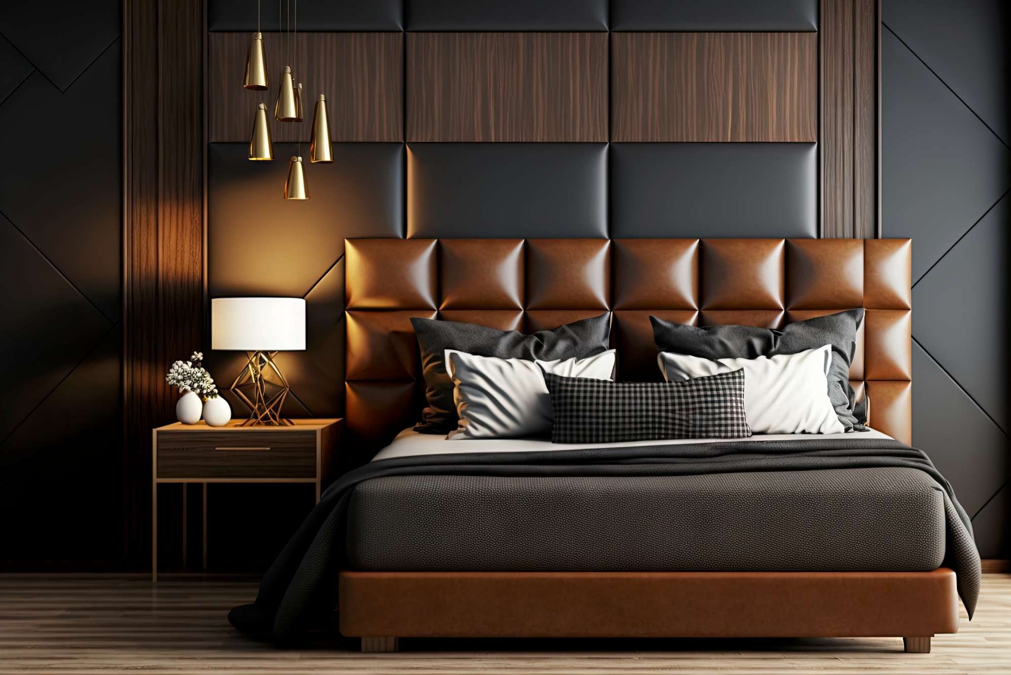 Elegancka sypialnia z tapicerowanym zagłówkiem w odcieniach brązu i czerni. Na szafce nocnej lampka z geometryczną podstawą i wazon z kwiatami. Wiszące lampy nadają wnętrzu luksusowy charakter.