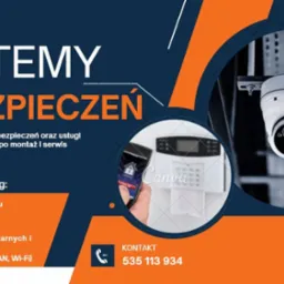 Grafika reklamowa systemów zabezpieczeń: monitoring, alarmy, anteny satelitarne, instalacje sieciowe. Kamera przemysłowa, telefon z aplikacją, centrala alarmowa.
