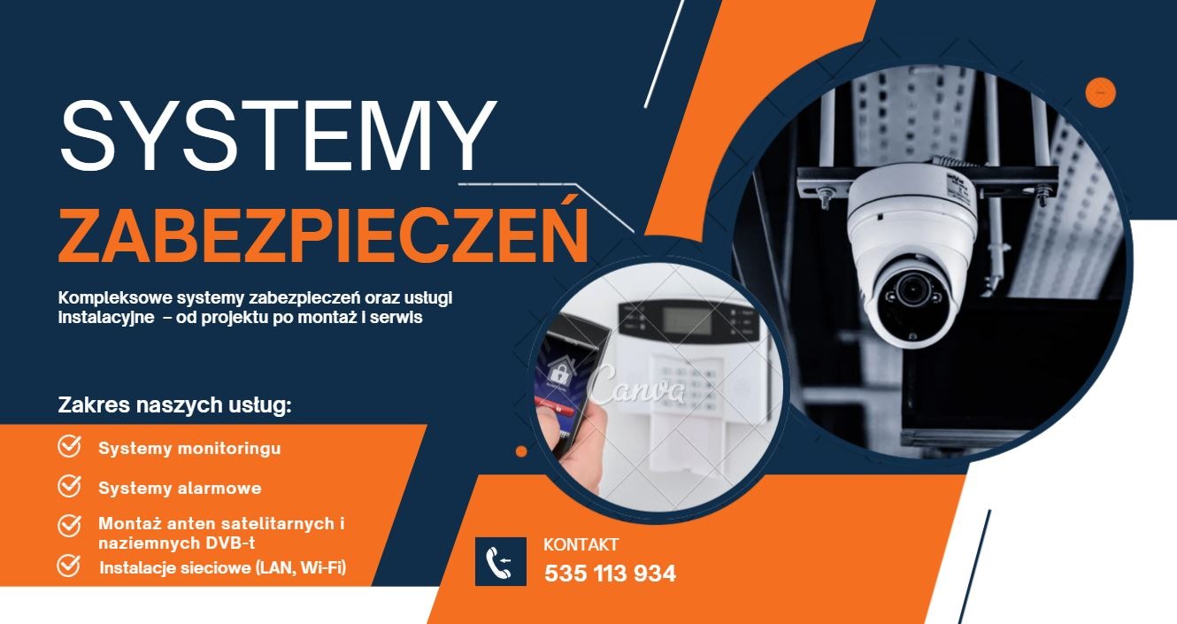 Grafika reklamowa systemów zabezpieczeń: monitoring, alarmy, anteny satelitarne, instalacje sieciowe. Kamera przemysłowa, telefon z aplikacją, centrala alarmowa.