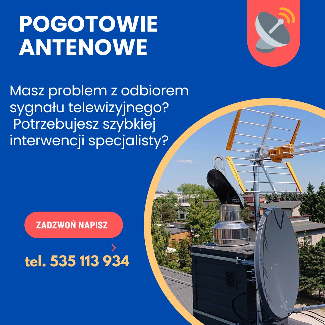 Antena satelitarna i kierunkowa na kominie, usługi pogotowia antenowego, szybka interwencja specjalisty od odbioru sygnału telewizyjnego. Numer telefonu.