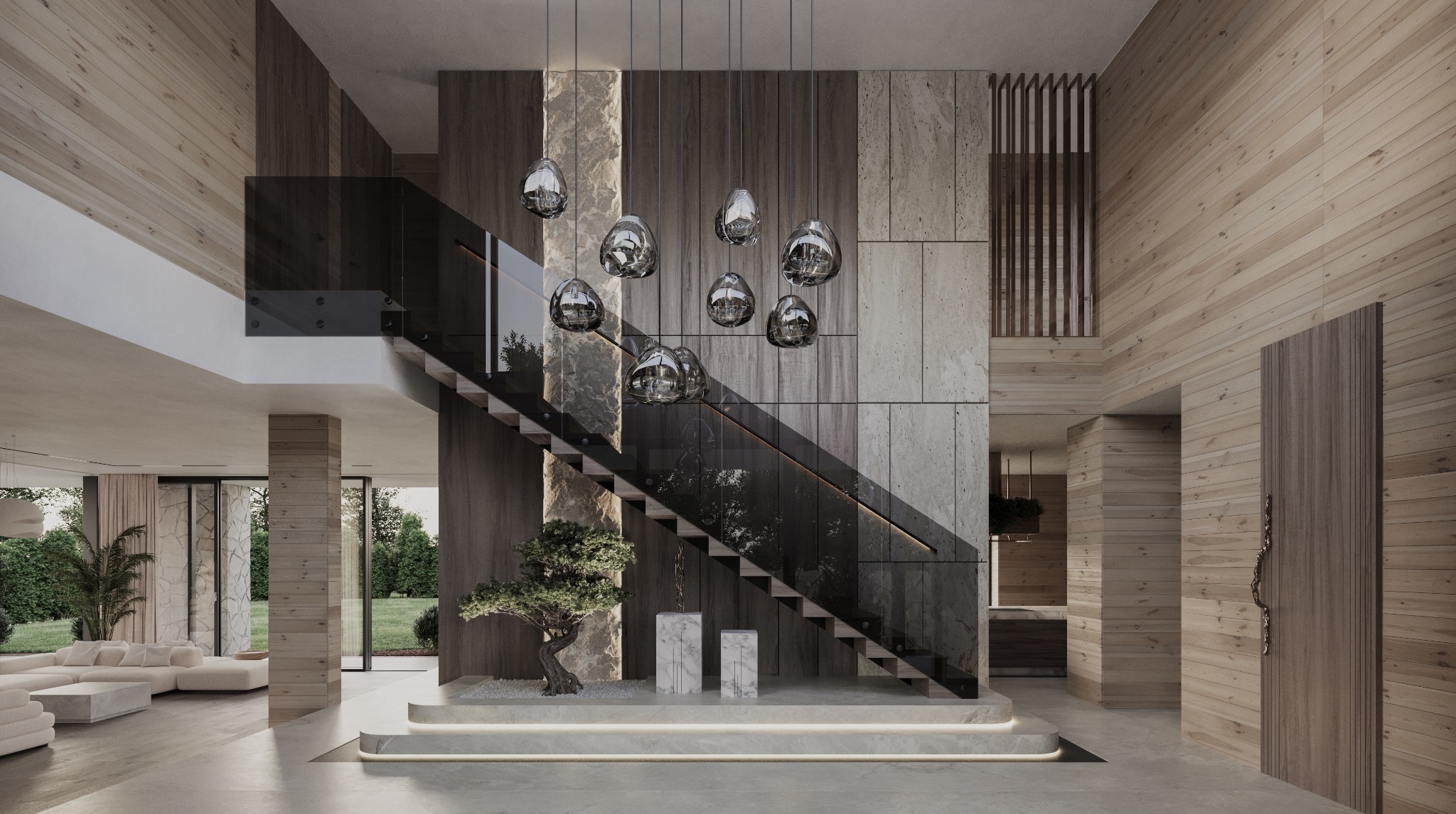 Przestronny hol wejściowy w domu z drewna księżycowego