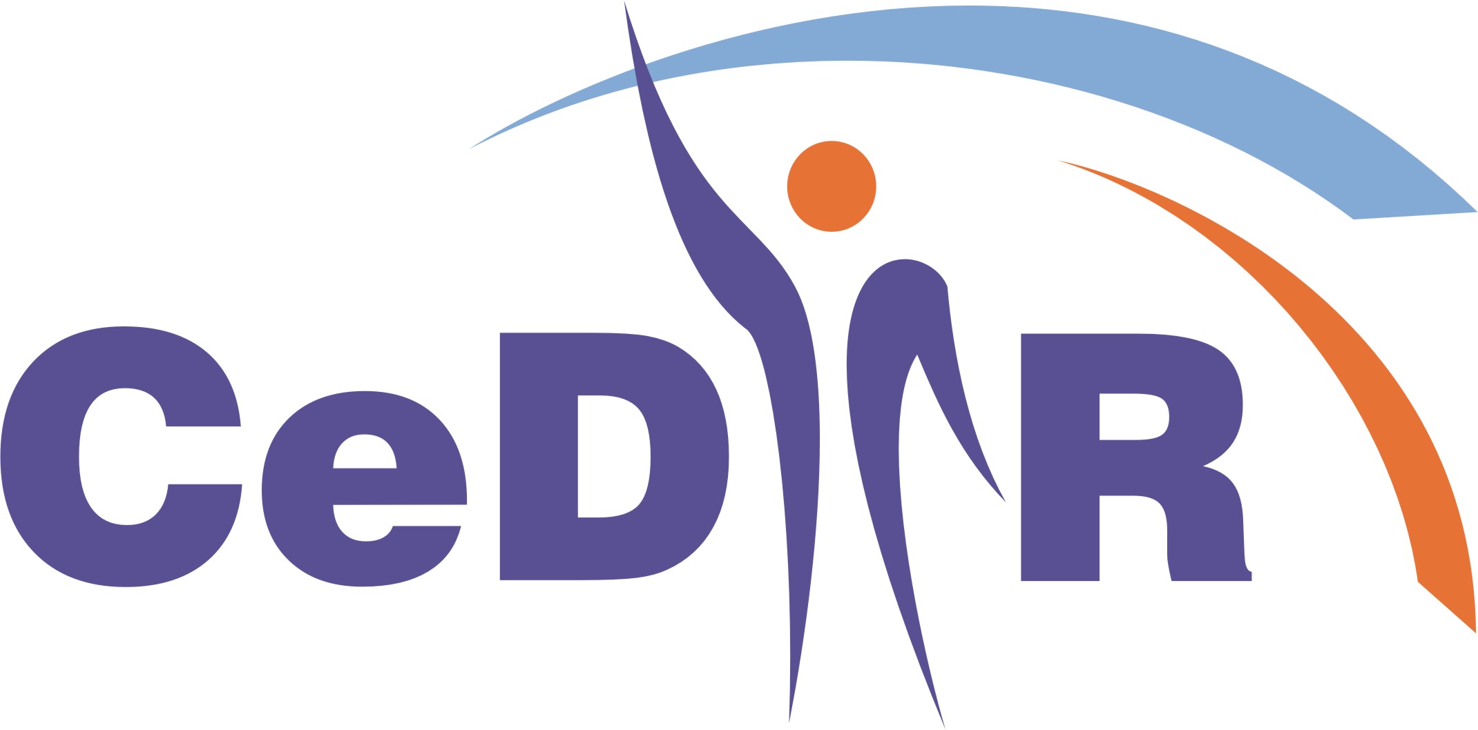 Logo Biura Projektowego CeDiR z abstrakcyjną sylwetką człowieka i łukami w kolorach niebieskim i pomarańczowym.