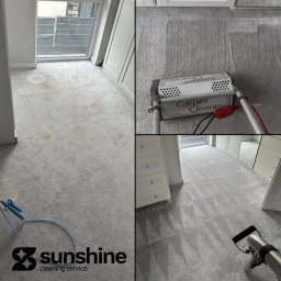 Sunshine Cleaning Service Viacheslav Hordiienko - Kolaż: dywan przed i po czyszczeniu. Widoczne plamy na dywanie przed zabiegiem oraz efekt po czyszczeniu z użyciem specjalistycznego sprzętu. Logo firmy w lewym dolnym rogu.