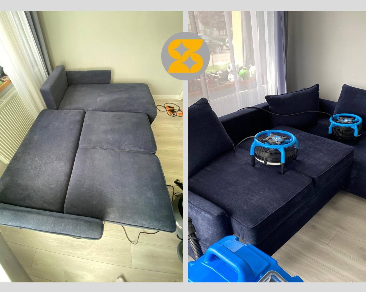 Zdjęcie 'przed i po' rozłożonej, granatowej kanapy po czyszczeniu, z użyciem niebieskiego sprzętu do suszenia tapicerki w jasnym wnętrzu. Widoczne detale czystej tkaniny.