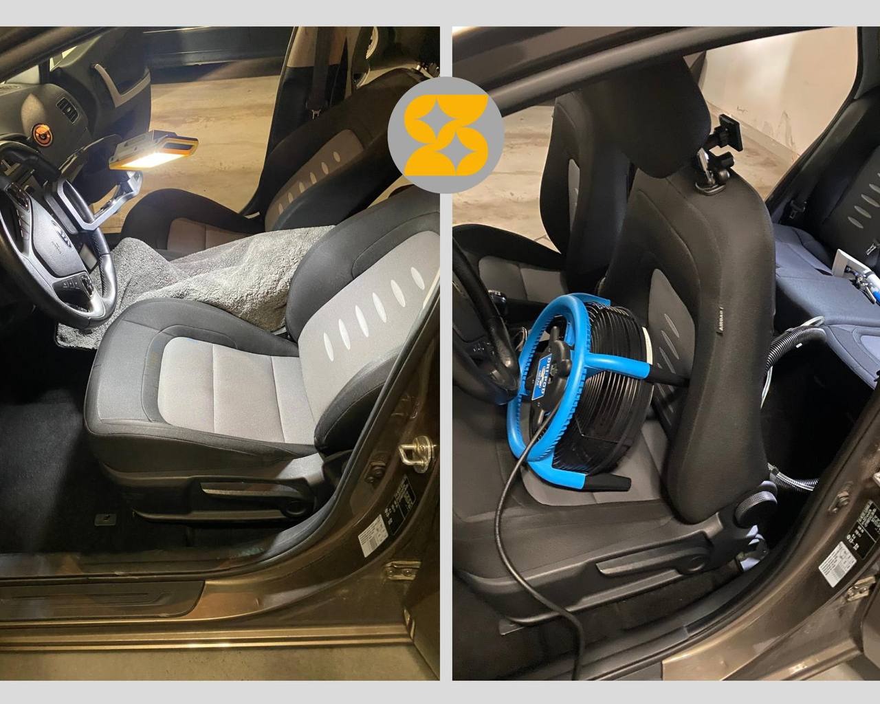 Pranie tapicerki samochodowej: po lewej fotel przed czyszczeniem z lampką, po prawej po czyszczeniu z odkurzaczem piorącym. Widoczne różnice w czystości.