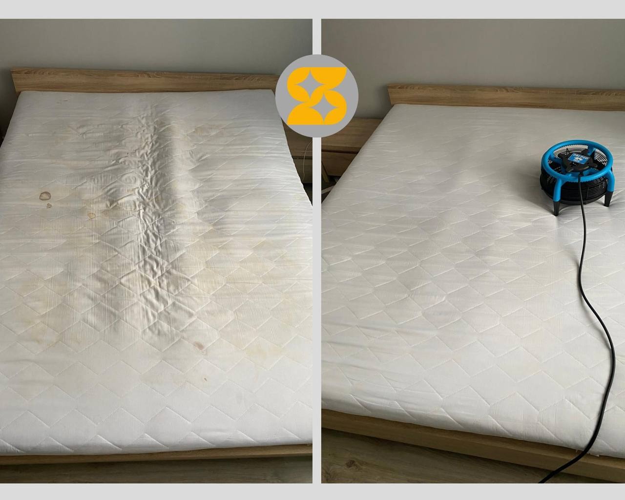 Zdjęcie materaca przed i po czyszczeniu. Po prawej stronie materac jest czysty, suszony wentylatorem. Widoczne różnice w kolorze i plamach.