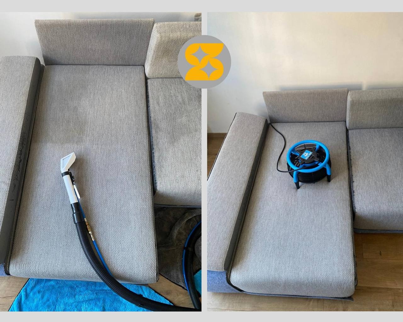 Sofa narożna przed i po czyszczeniu: po lewej widoczna końcówka odkurzacza piorącego, po prawej wentylator osuszający tapicerkę. Jasne tło.