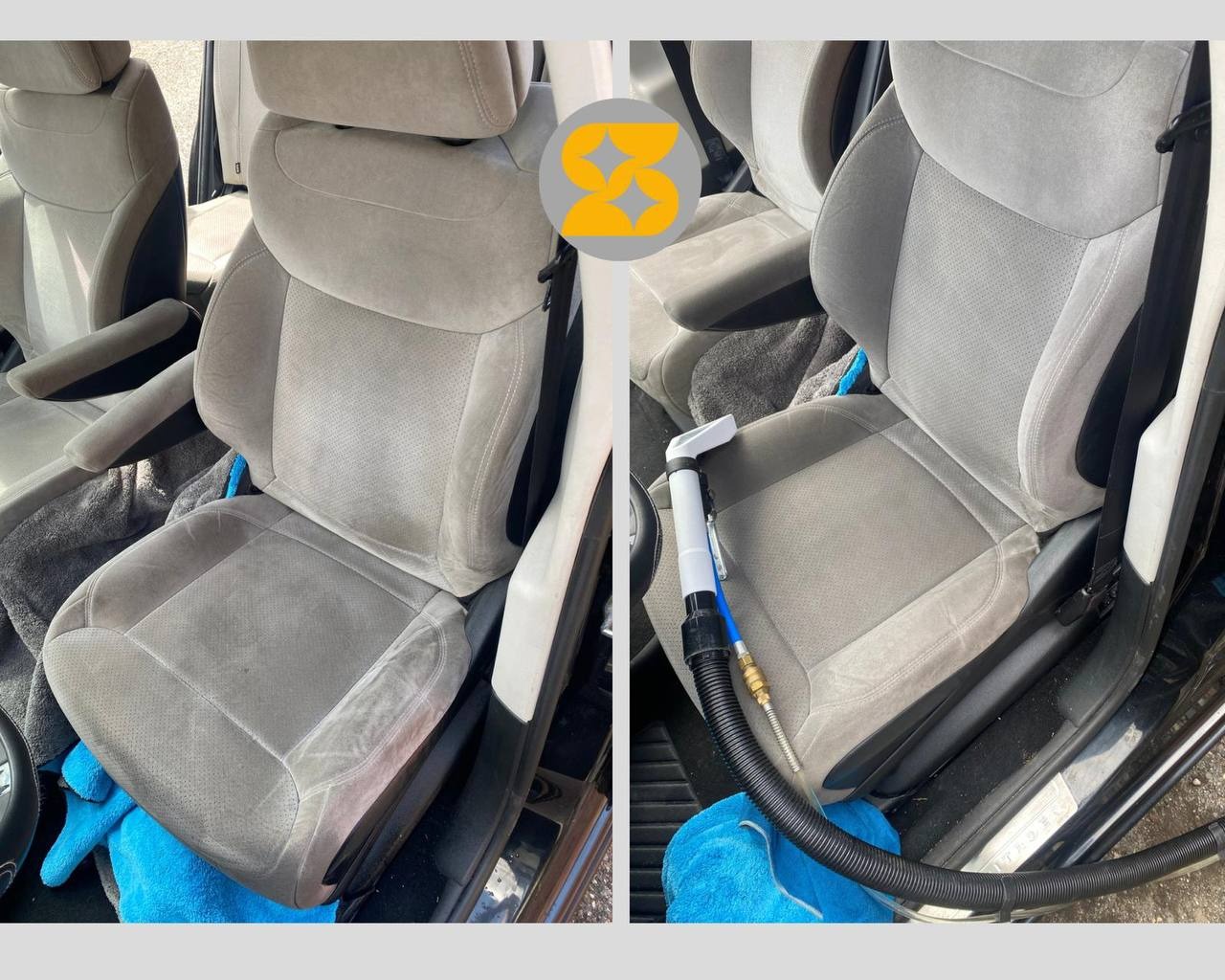 Tapicerka samochodowa: fotel przed i po czyszczeniu. Po prawej: fotel czyszczony odkurzaczem piorącym, widoczna końcówka i wąż ssący.