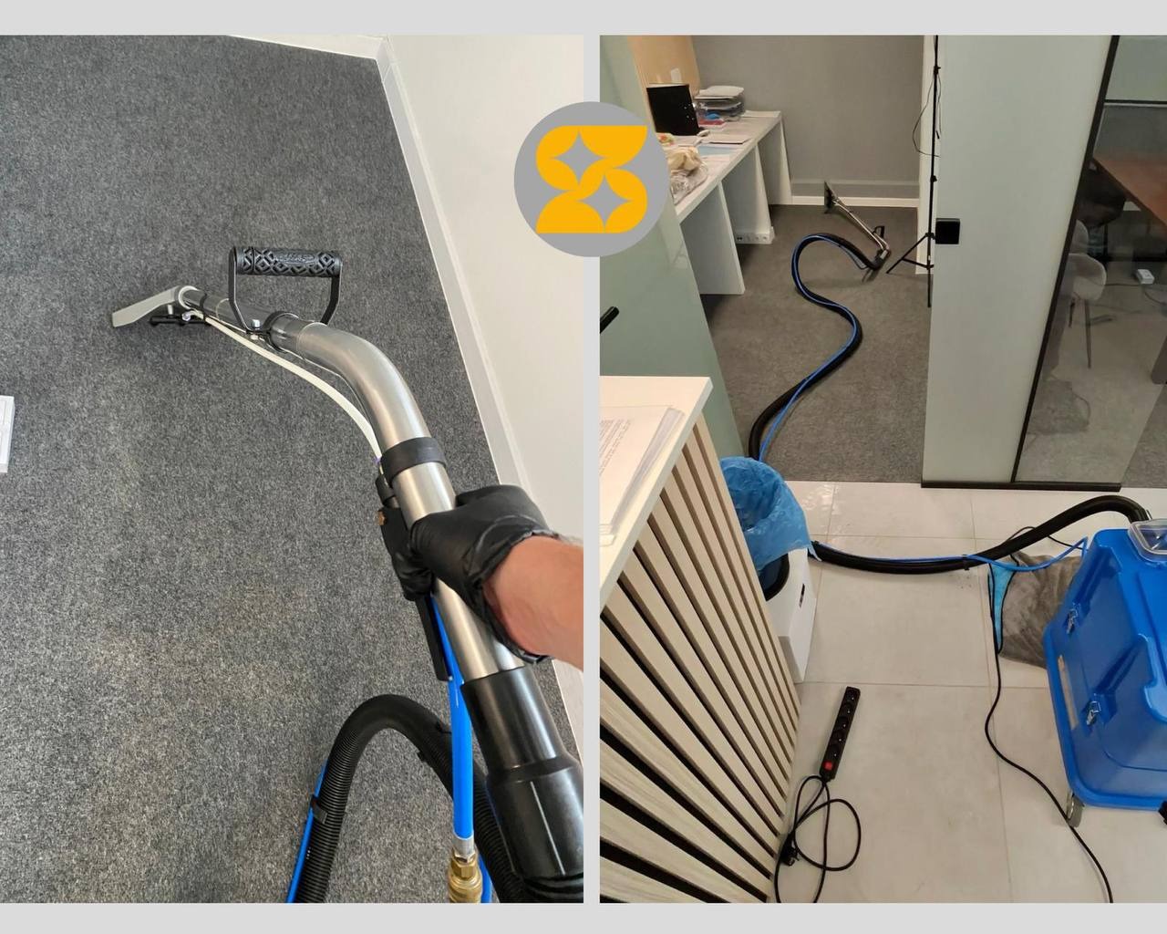 Czyszczenie wykładziny biurowej szarym odkurzaczem piorącym z czarnym wężem. Pracownik w czarnej rękawicy. Widoczny sprzęt do czyszczenia tapicerki.