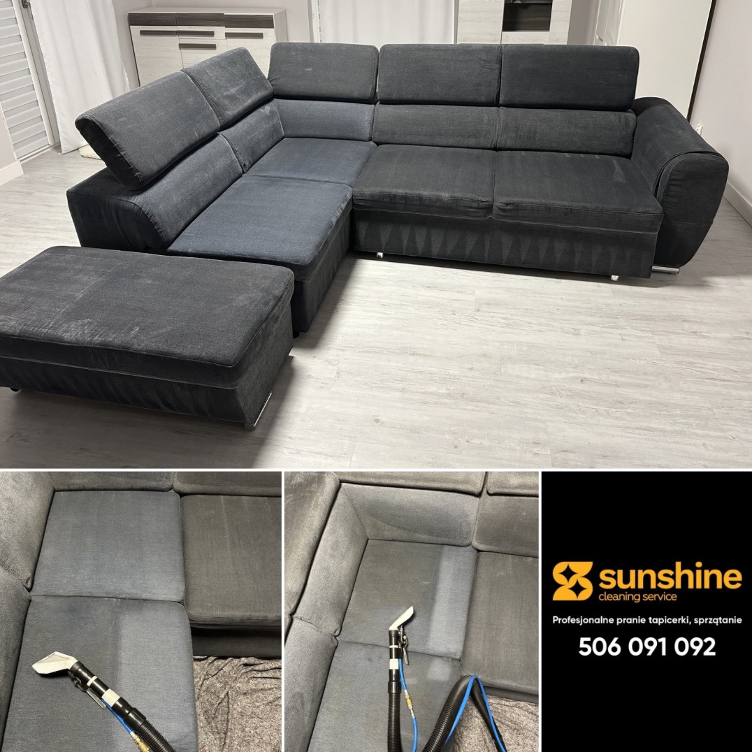 Szara, narożna kanapa z pufem po praniu, widoczne fragmenty czyszczenia tapicerki z użyciem specjalistycznego sprzętu. Na dole logo firmy sprzątającej.