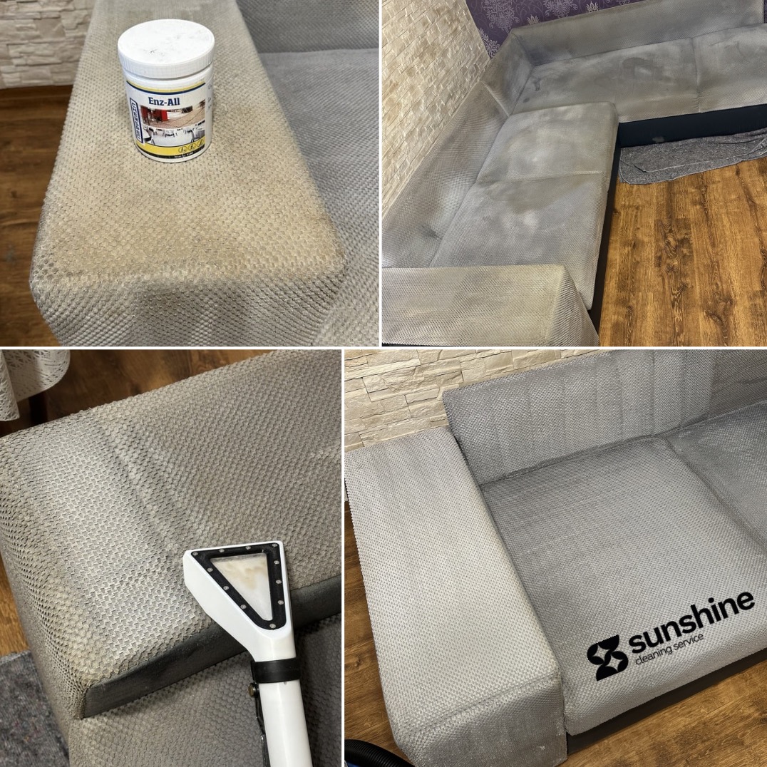 Czyszczenie narożnika z szarej tapicerki. Widoczne efekty prania, środek czyszczący i urządzenie do prania ekstrakcyjnego. Logo firmy w prawym dolnym rogu.