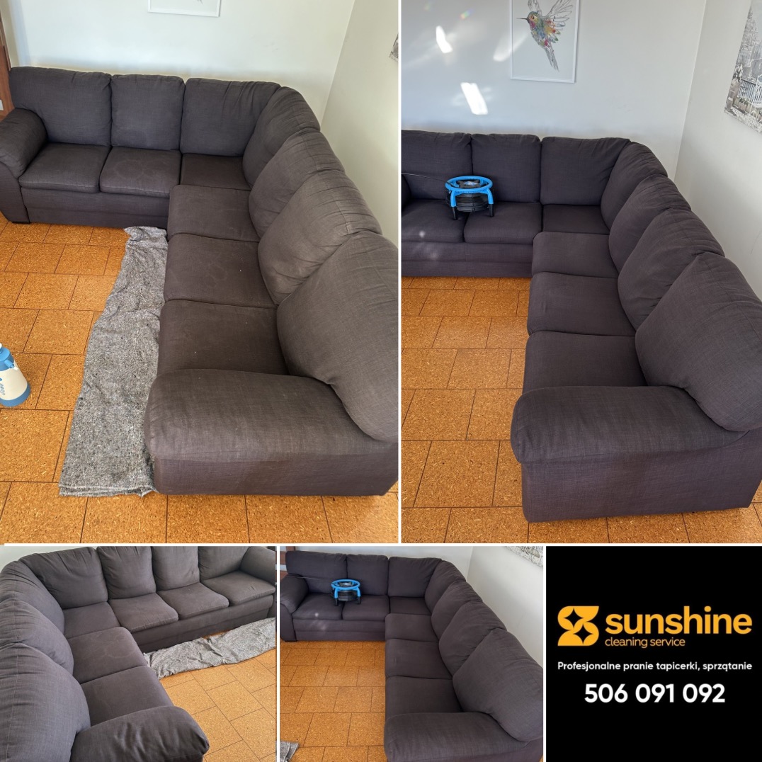 Szara narożna kanapa przed i po praniu tapicerki, widoczne różnice w czystości materiału. Na siedzisku stoi niebieskie urządzenie do prania.