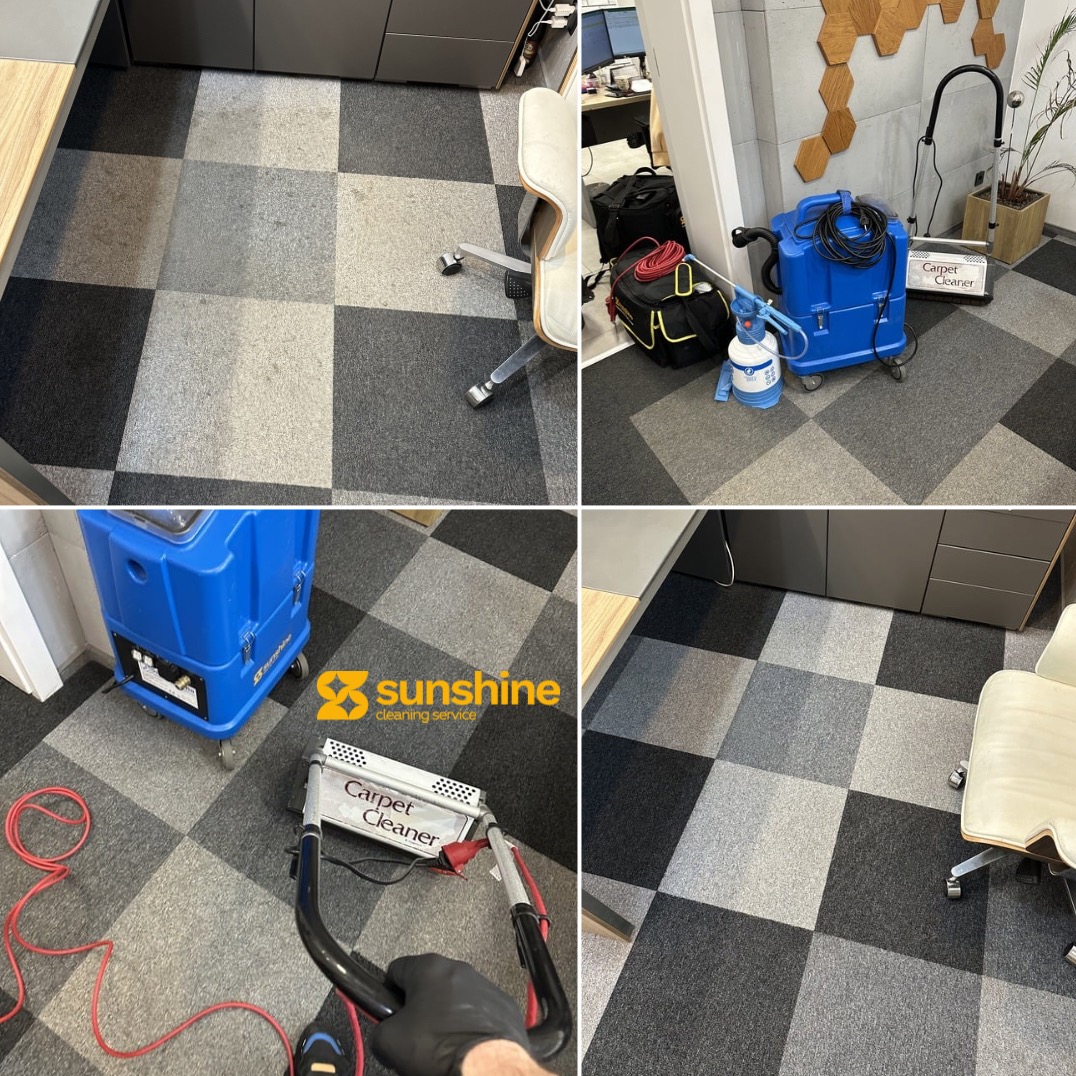 Kafelkowy dywan w biurze czyszczony profesjonalnym sprzętem. Widoczny odkurzacz piorący, akcesoria i fragment wyczyszczonej powierzchni. Usługa czyszczenia dywanów.