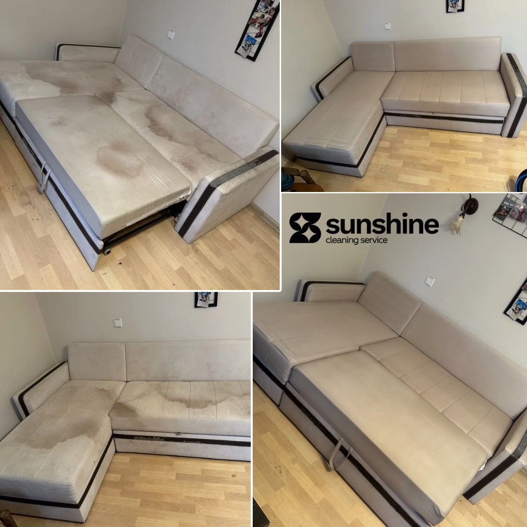 Kolaż: narożnik z widocznymi plamami przed czyszczeniem i ten sam narożnik po profesjonalnym wyczyszczeniu, prezentujący efekt usługi. Jasna tapicerka, ciemne obramowanie.