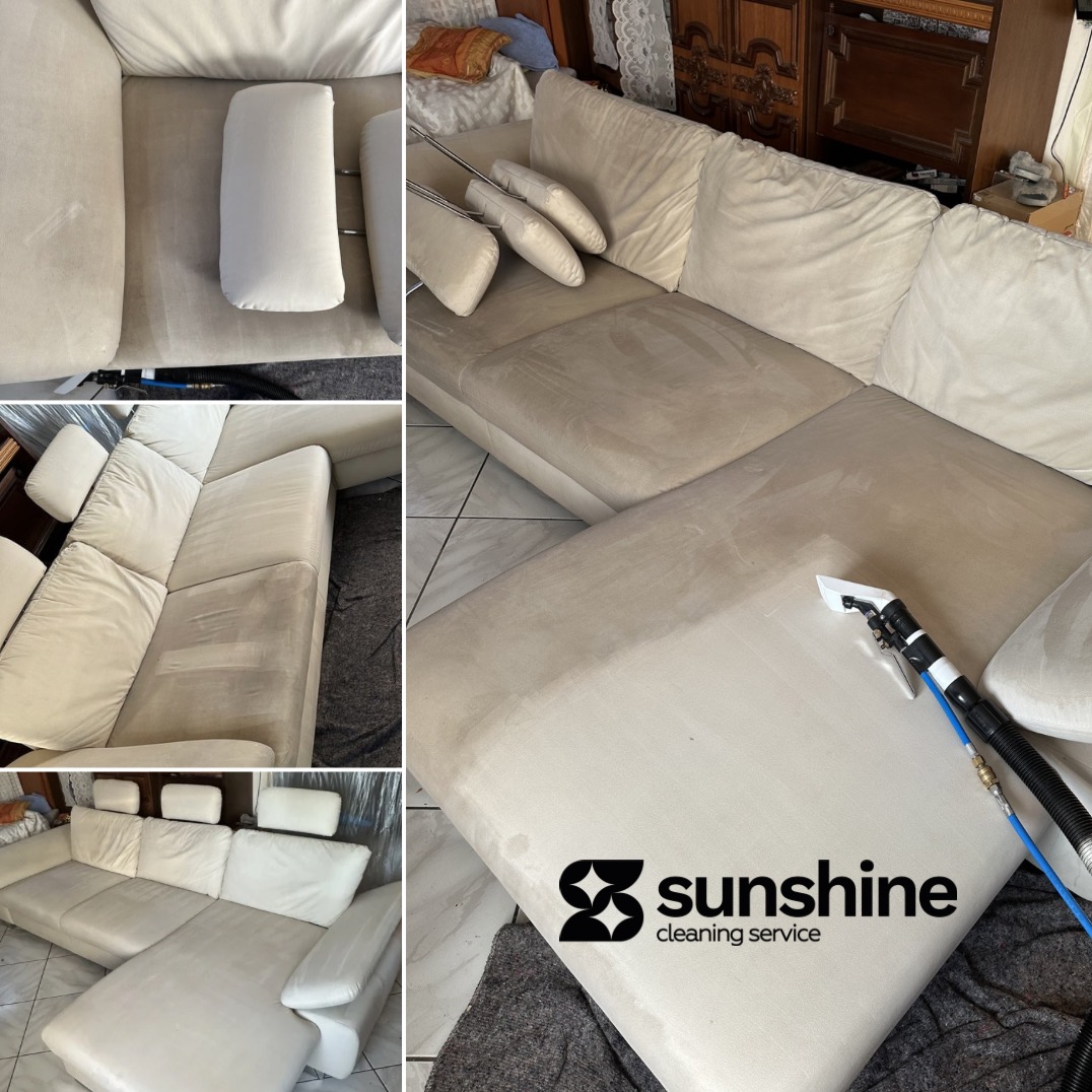 Czyszczenie narożnika z jasną tapicerką. Widoczne etapy prania: przed i w trakcie. Dysza czyszcząca w użyciu, narożnik częściowo wyprany, widoczne różnice w czystości.