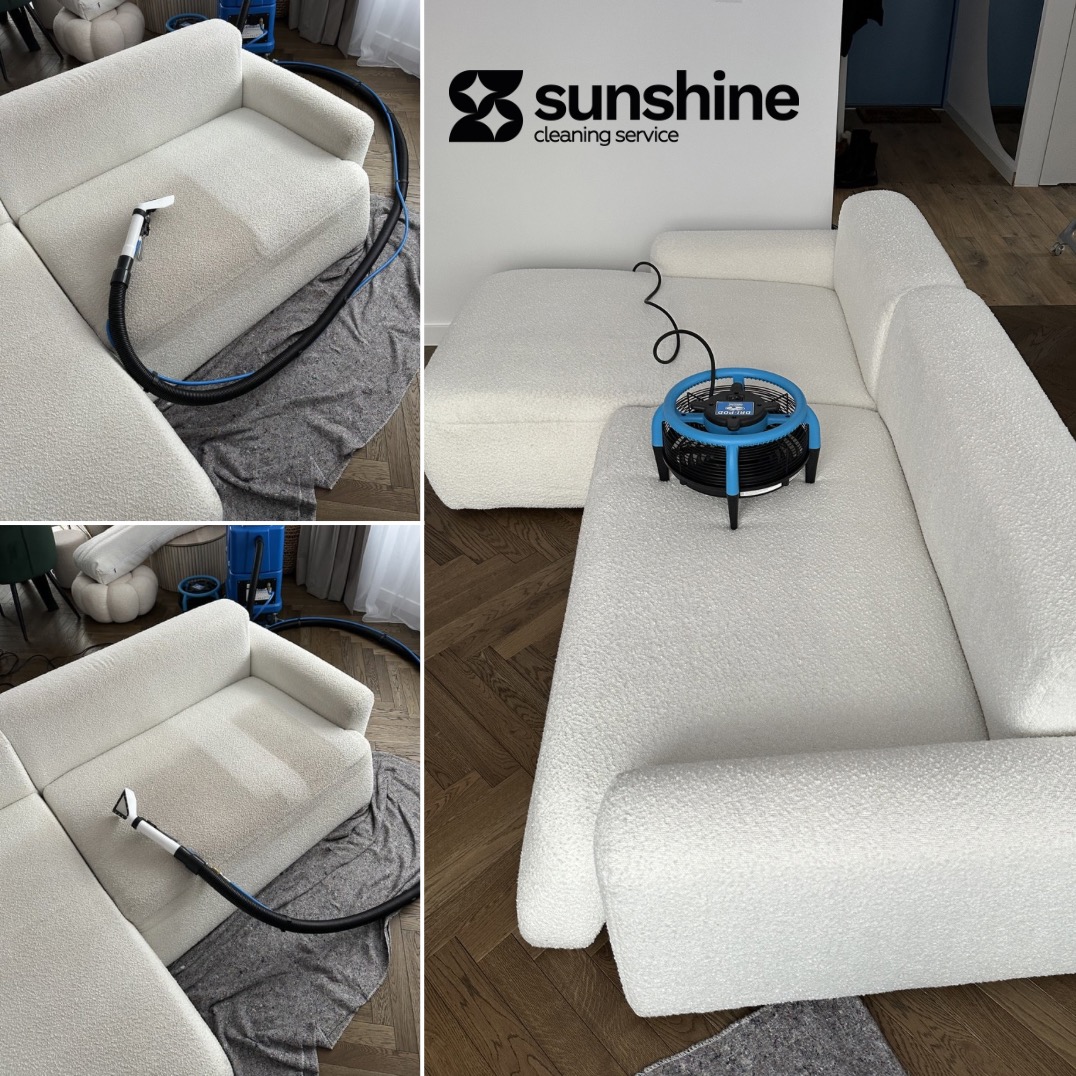Biała, modułowa sofa z teksturowaną tapicerką, częściowo wyczyszczona, z widocznym sprzętem do czyszczenia i wentylatorem. Ujęcie z bliska, prezentujące detale i etap pracy.