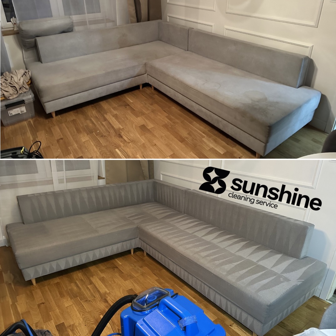 Zdjęcie 'przed i po' narożnika w odcieniach szarości. Górna część pokazuje zabrudzenia, dolna - efekt czyszczenia z widocznym logo firmy i fragmentem sprzętu czyszczącego.