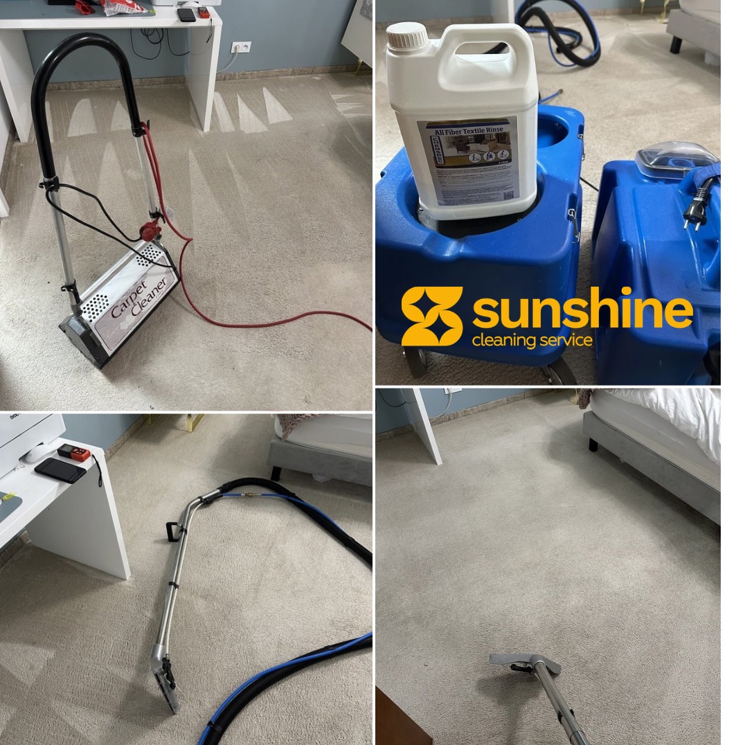 Czteropanelowe ujęcie: sprzęt do czyszczenia dywanów, środek czyszczący, logo firmy i dywan po czyszczeniu. Widoczne detale: dysza czyszcząca, kanister z płynem.