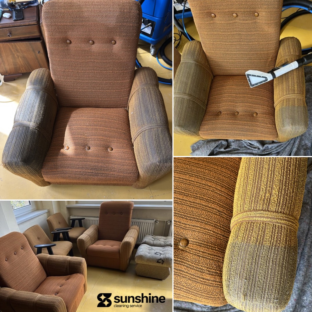Kolaż: fotel przed i w trakcie czyszczenia tapicerki. Widoczne różnice w kolorze i fakturze, dysza czyszcząca na ramieniu fotela, zbliżenie na czyszczone ramię.