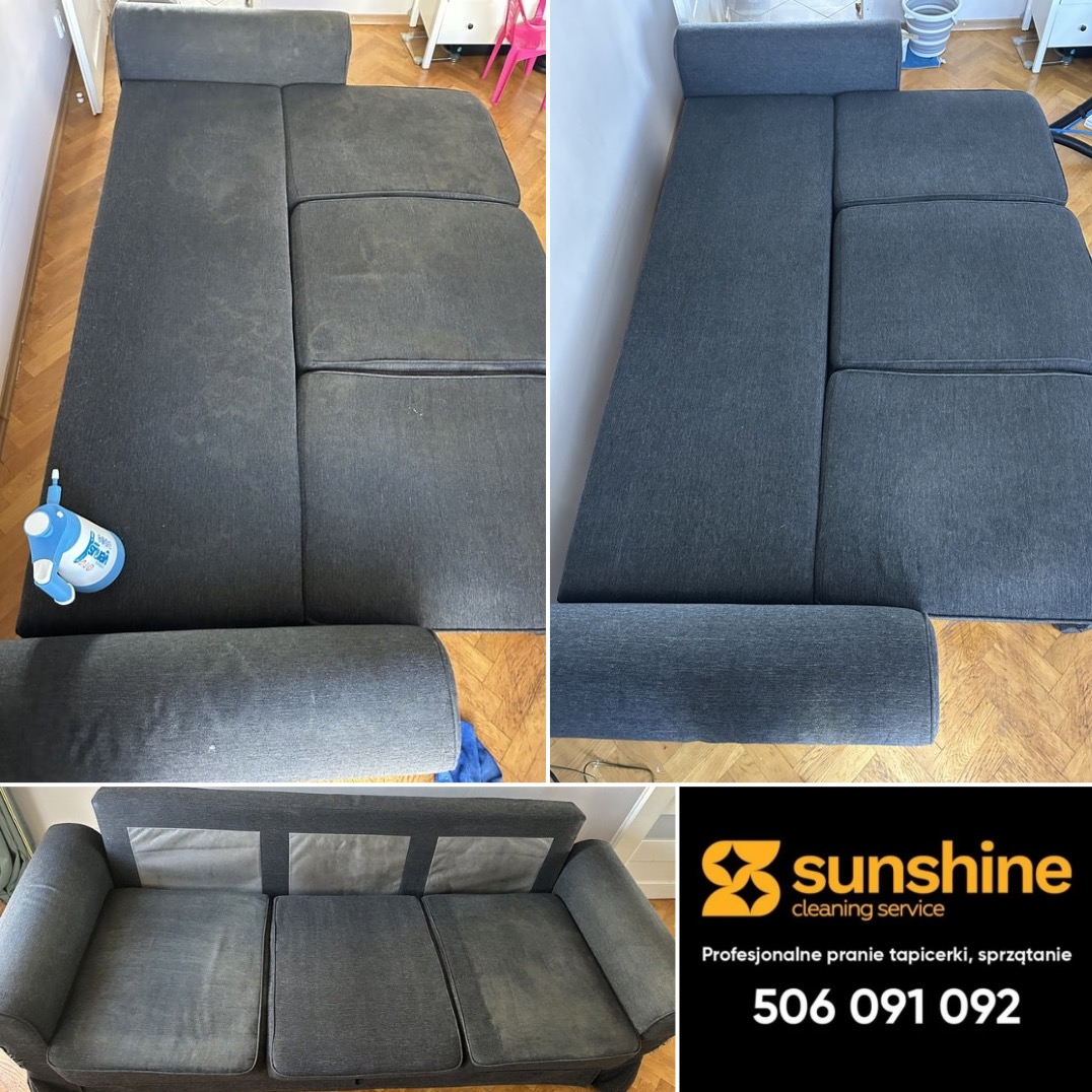 Szara sofa modułowa przed i po czyszczeniu, widoczne różnice w odcieniu i plamy usunięte. Na dole sofa trzyosobowa z widocznymi plamami. Logo firmy czyszczącej.