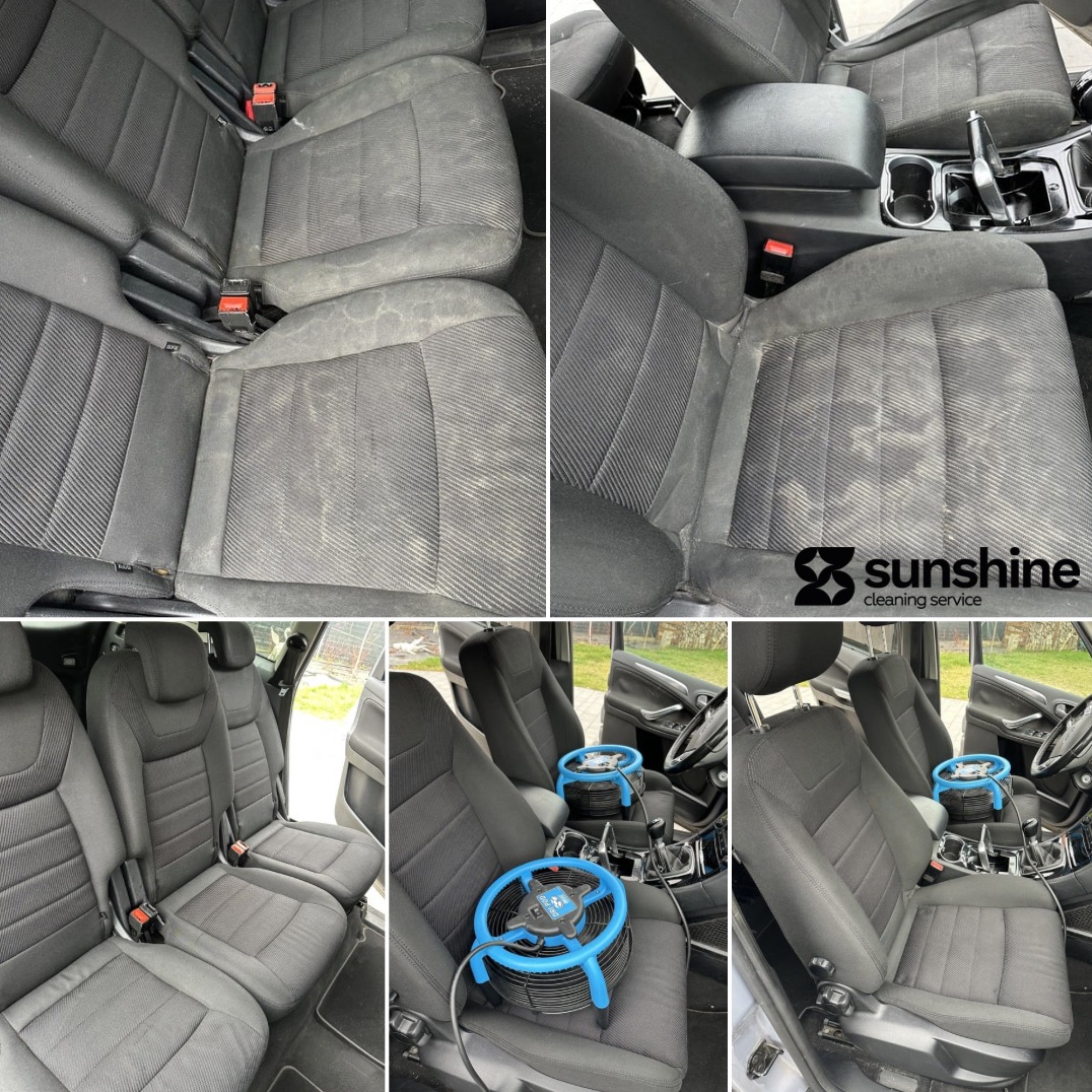 Czyszczenie tapicerki samochodowej: kolaż prezentuje fotele przed i po zabiegu, z użyciem wentylatora do suszenia. Widoczne detale zabrudzeń i efekt odświeżenia.